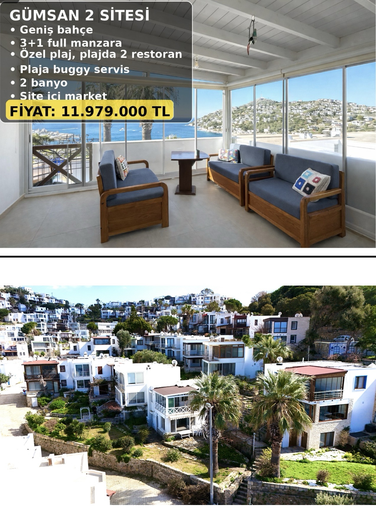 Gümüşlük Gumsan 2 Sitesi özel plajlı 3+1 villa